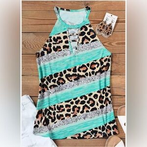 Leopard Print Halter Top - Turquoise and Tan